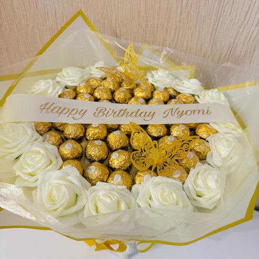 Personalised Ferrero Rocher Chocolate Rose Bouquet Cream & Gold