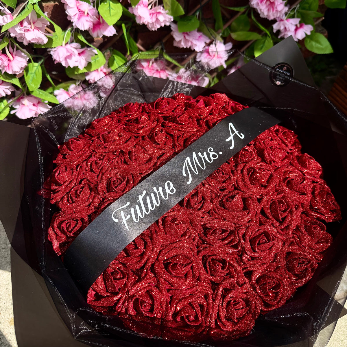 Personalised red and black glitter rose bouquet with luxury wrapping