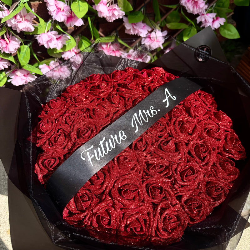 Personalised Red & Black Glitter Forever Rose Bouquet
