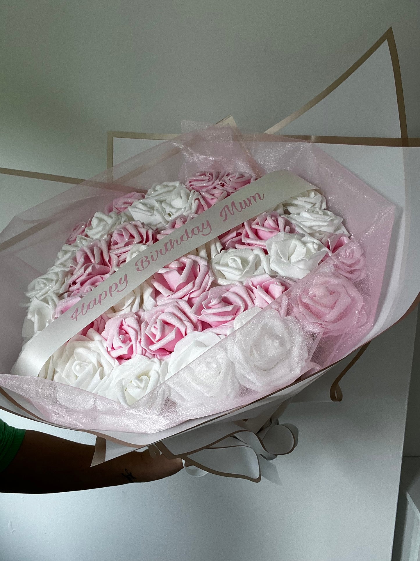 Pink & White Glitter Rose Personalised Rose Bouquet