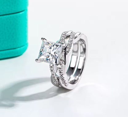 3CT Moissanite Princess Cut Silver Engagement Ring Set
