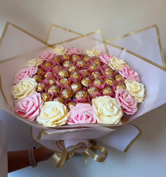 Large Pink & Cream Glitter Rose Ferrero Rocher Chocolate Bouquet Gift