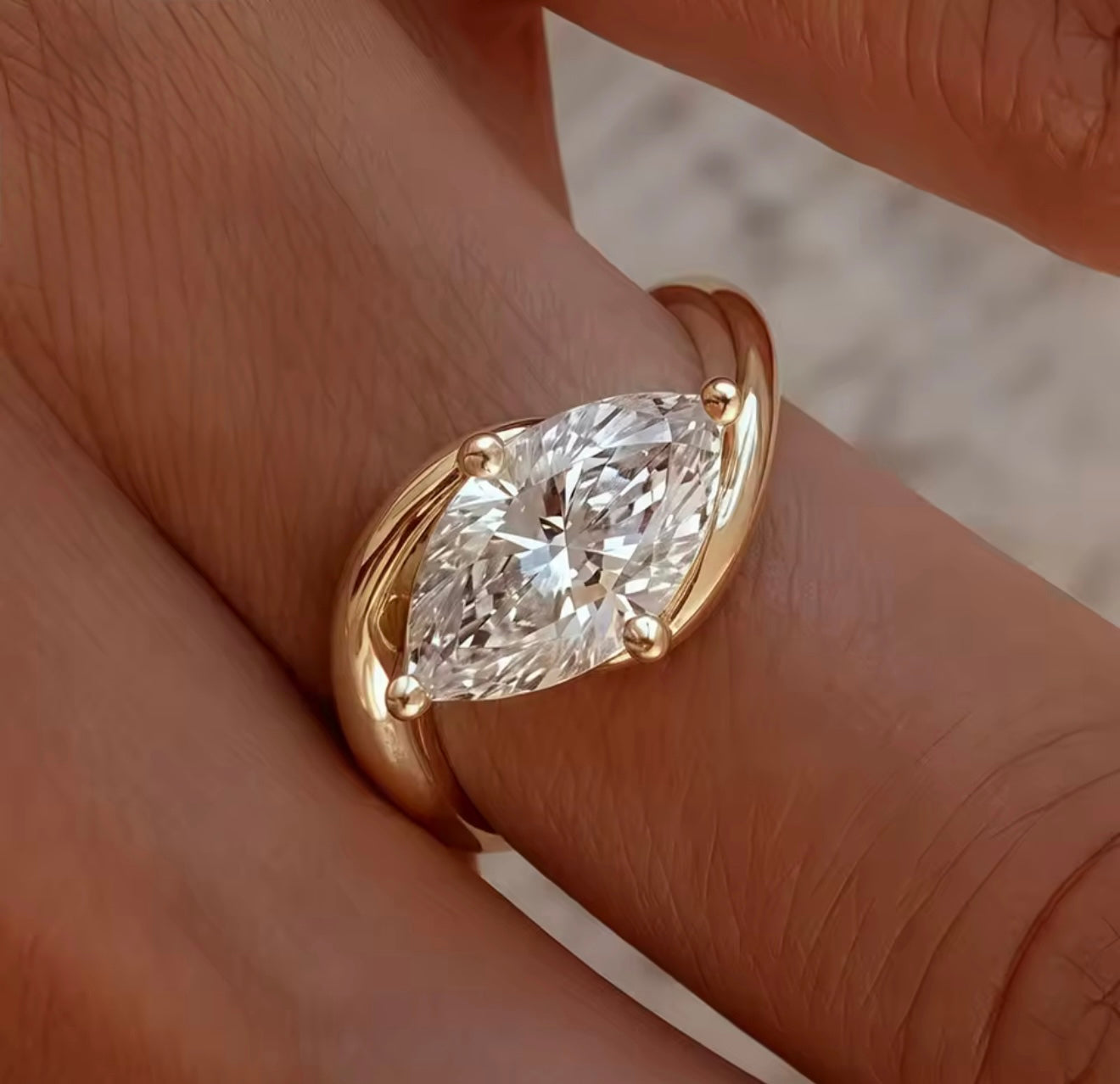 Marquise Cut Womens Unique Twist Band Engagement Ring Gold / Silver