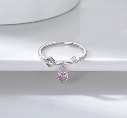 Silver / Gold Pink Love Heart Womens Ring
