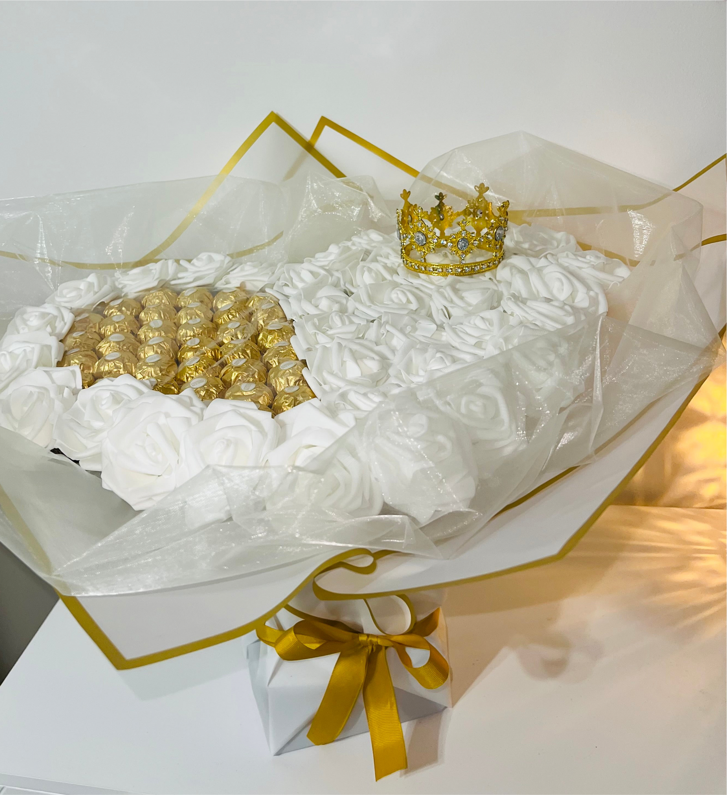 XL White Rose Ferrero Rocher Bouquet With Crown