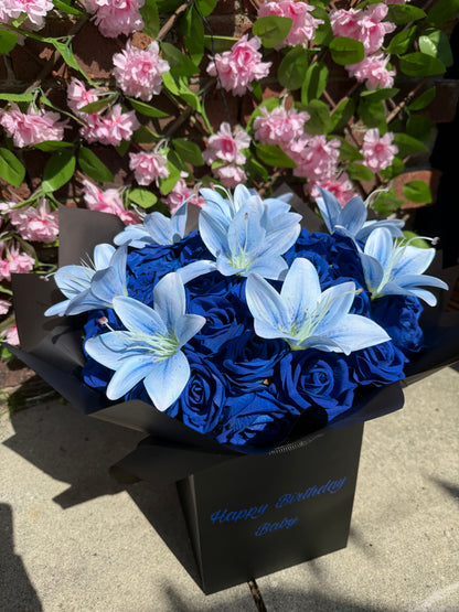 Personalised Royal Blue Rose & Blue Lily Forever Flower Bouquet