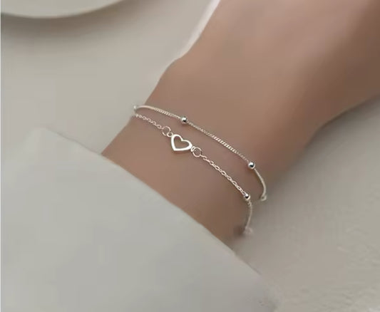 Sterling Silver Love Heart Layered Chain Bracelet