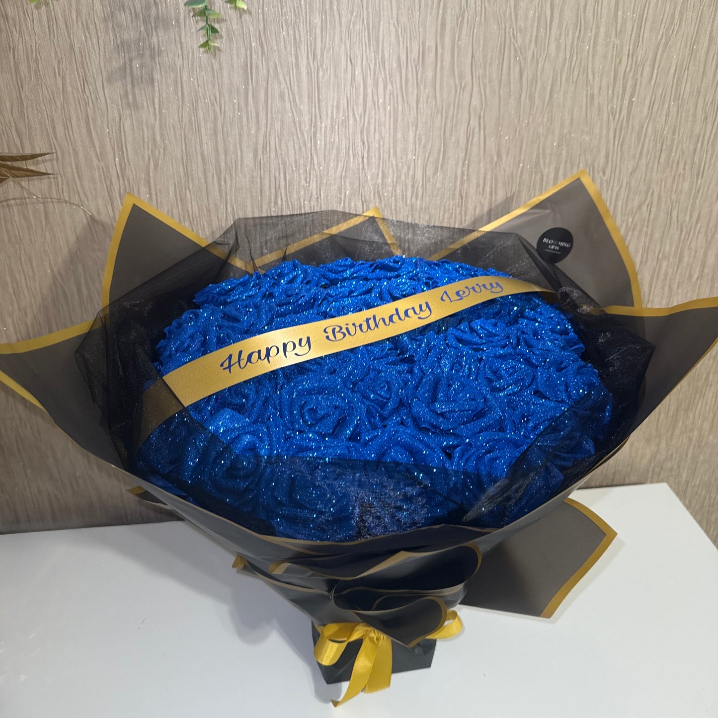 Personalised Any Message Royal Blue Glitter Rose Flower Bouquet