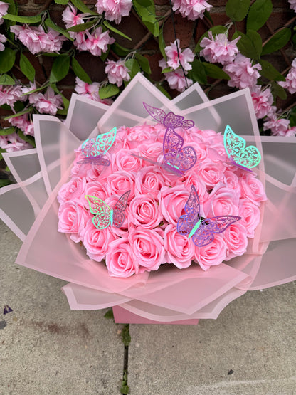 Luxury Baby Pink Rose Bouquet with Iridescent Butterflies Personalised Forever Rose Gift