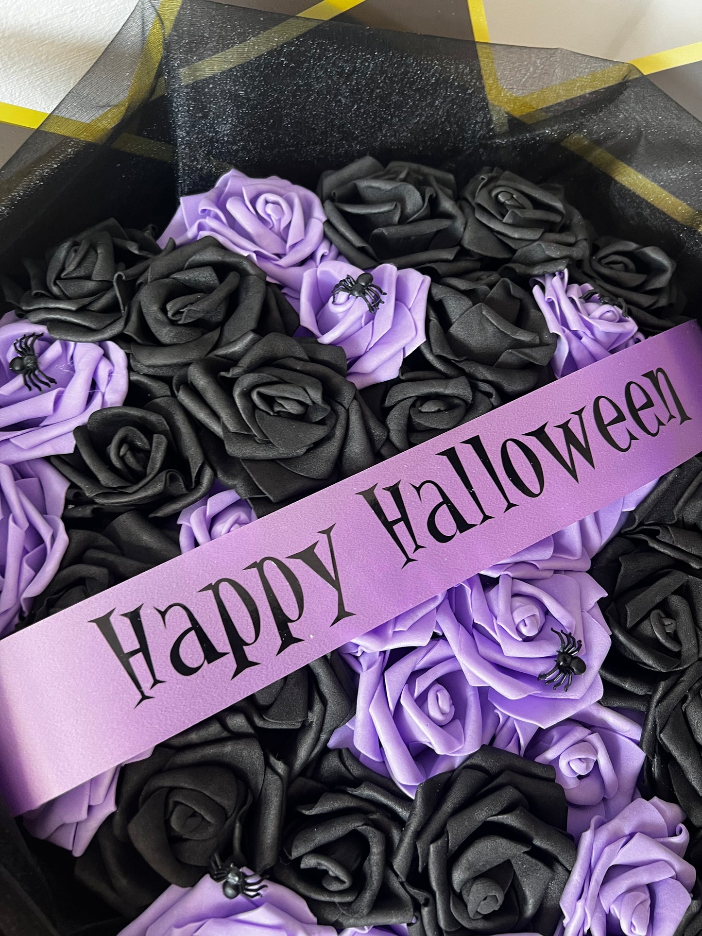 Happy Halloween Purple & Black Spider Rose Bouquet Decor