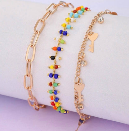 Gold Layered Key Beaded Anklet Set