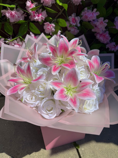 Personalised Pink Lily & White Rose Bouquet Luxury Romantic Flower Arrangement Gift