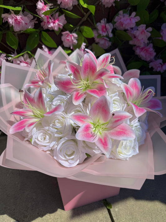 Personalised Pink Lily & White Rose Bouquet Luxury Romantic Flower Arrangement Gift