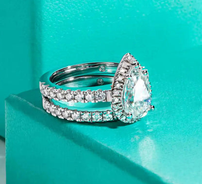 3CT Moissanite Pear Cut Silver Engagement Ring Set