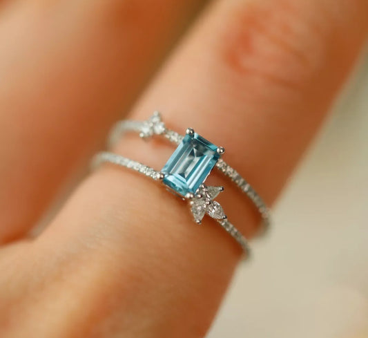 Blue Emerald Cut Double Band Womens Adjustable Ring