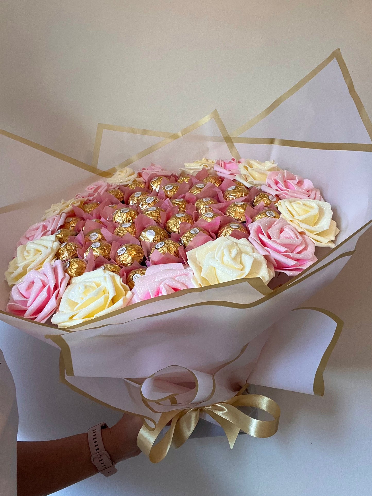 Large Pink & Cream Glitter Rose Ferrero Rocher Chocolate Bouquet Gift