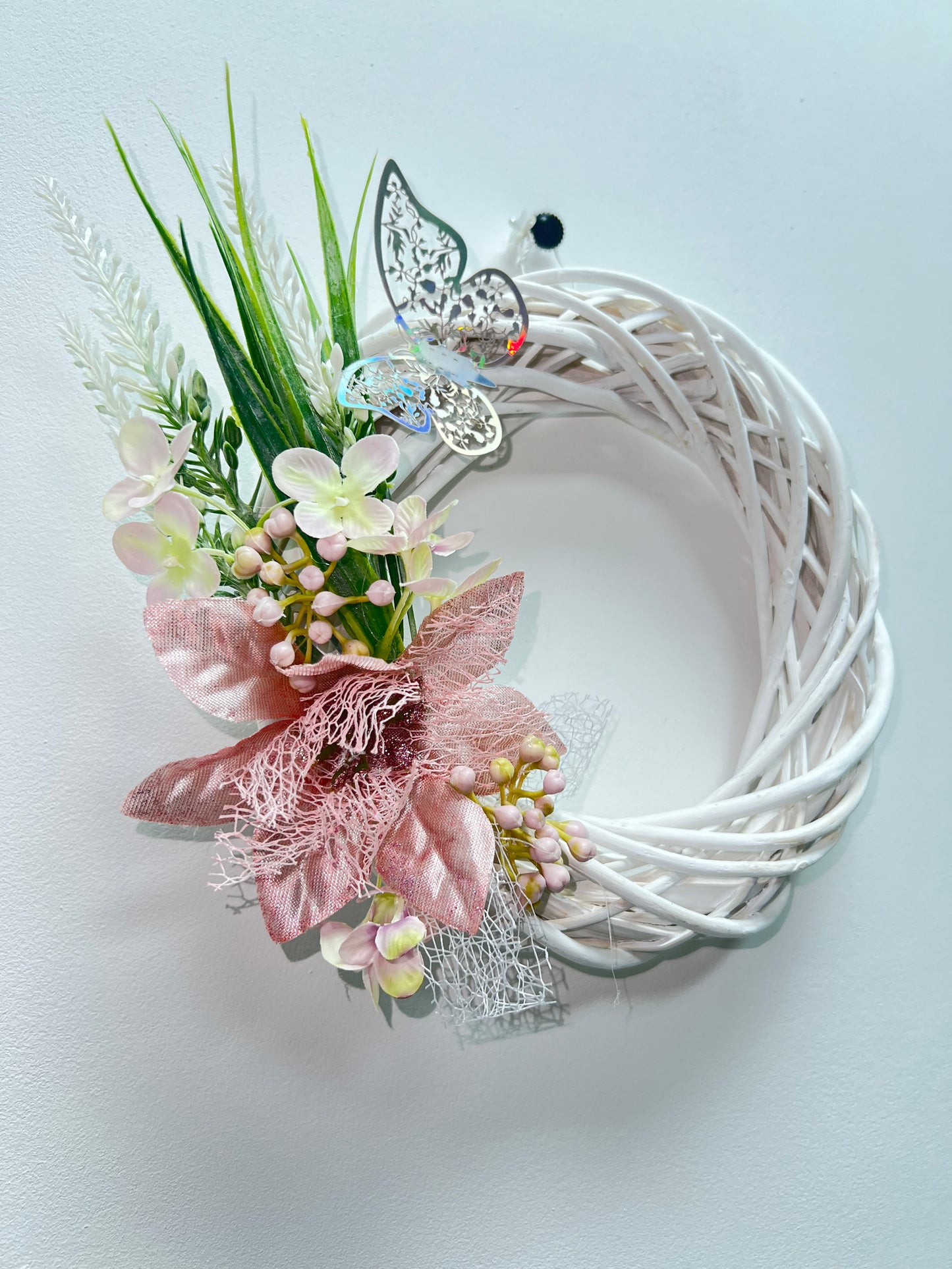 20cm Pink & White Floral Butterfly Wreath