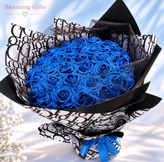 Royal Blue Glitter Rose Bouquet | Personalised Forever Roses