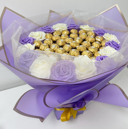 Ferrero Rocher Chocolate Rose Bouquet Purple & Cream