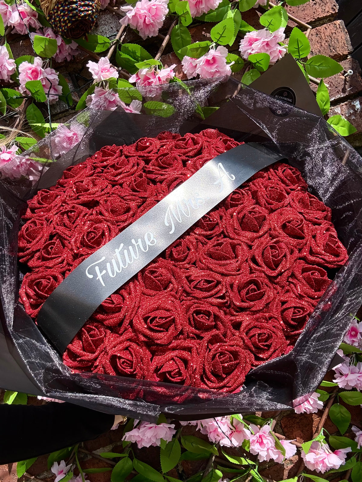Personalised Red & Black Glitter Forever Rose Bouquet