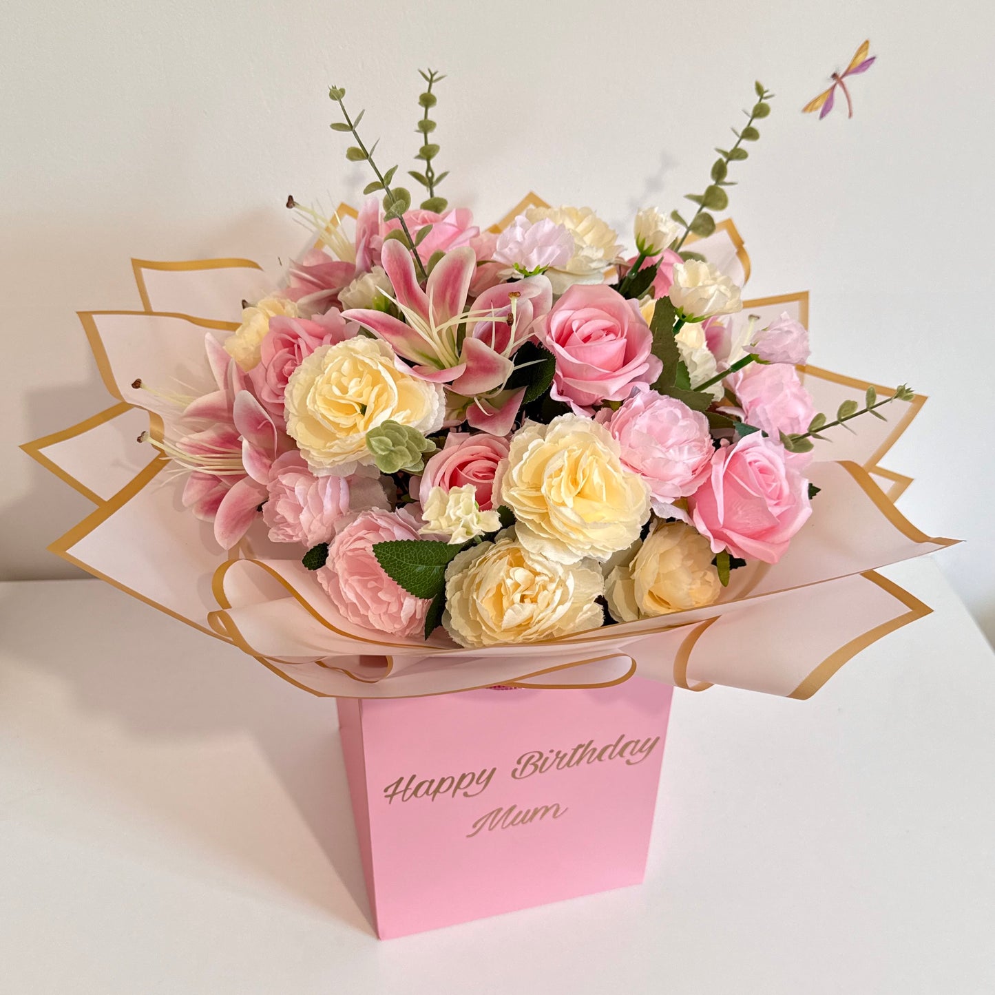 Pink & Gold Rose, Lily & Peonies Personalised Flower Bouquet - Blooming Gifts