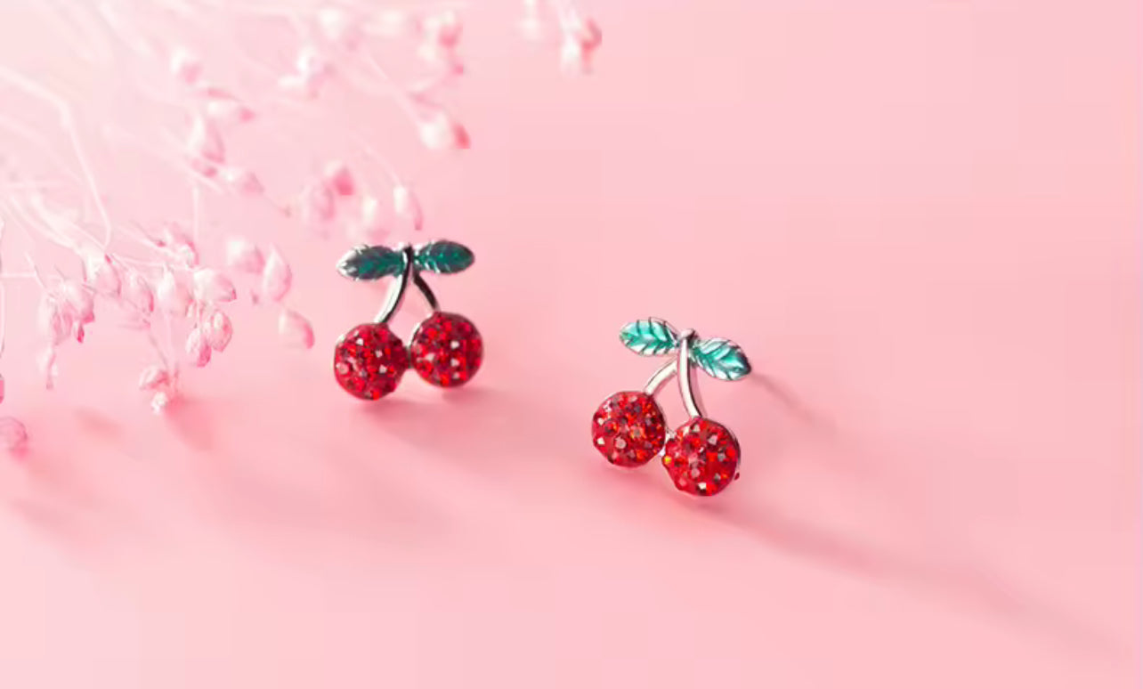 Sterling Silver Dainty Red Cherry Stud Earrings