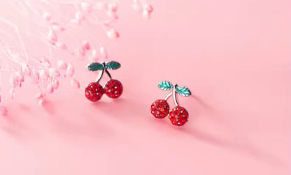 Sterling Silver Dainty Red Cherry Stud Earrings