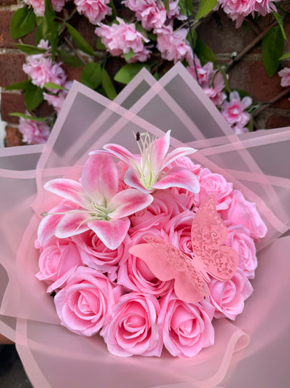 Luxury Pink Artificial Rose & Lily Handheld Butterfly Bouquet Everlasting Flower Arrangement