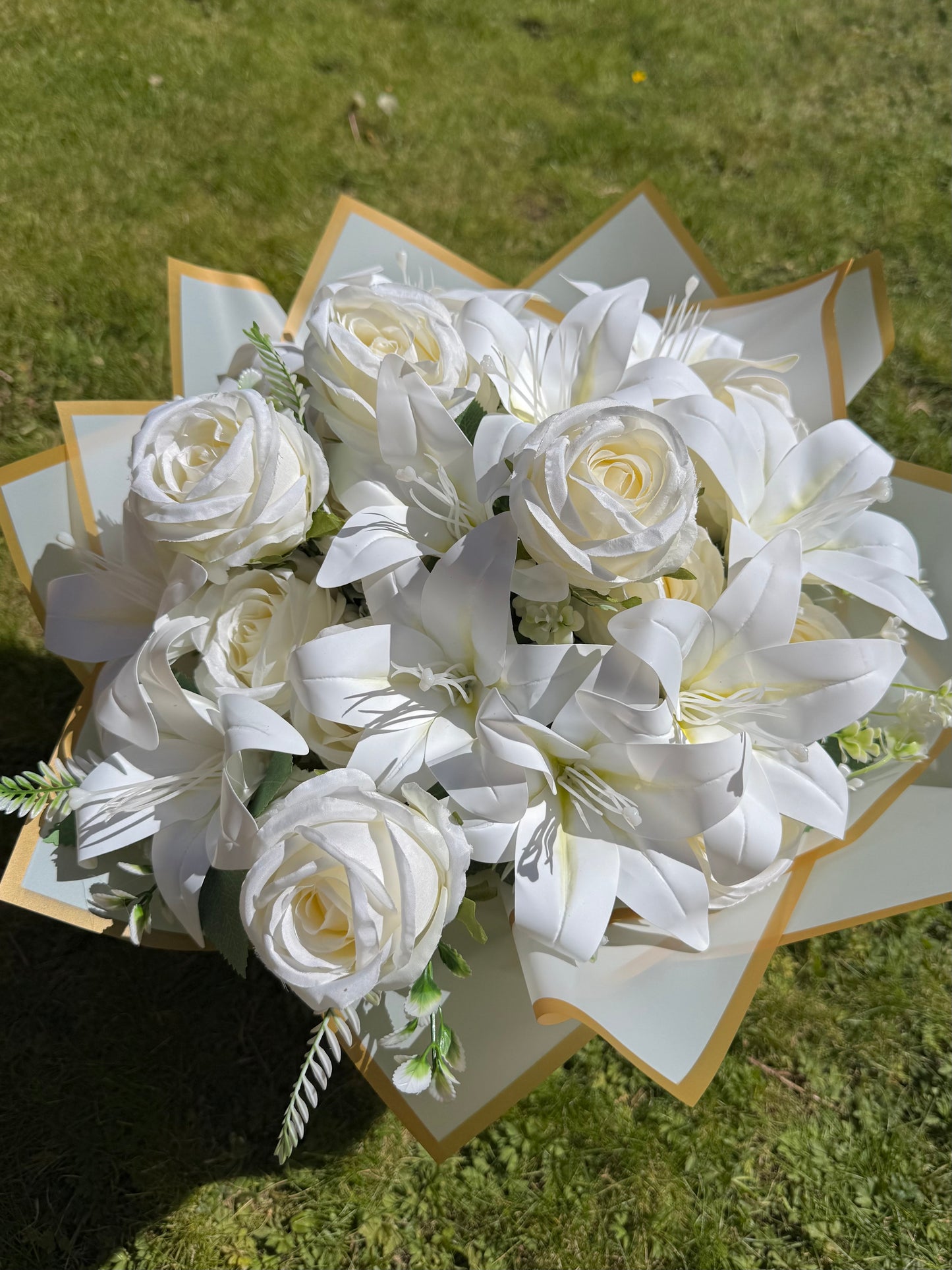 Large Artificial White Lily & Rose Bouquet in Gift Flower Bag Elegant Faux Floral Arrangement