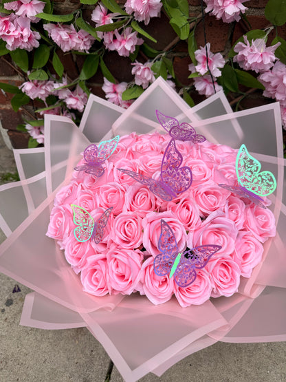 Luxury Baby Pink Rose Bouquet with Iridescent Butterflies Personalised Forever Rose Gift