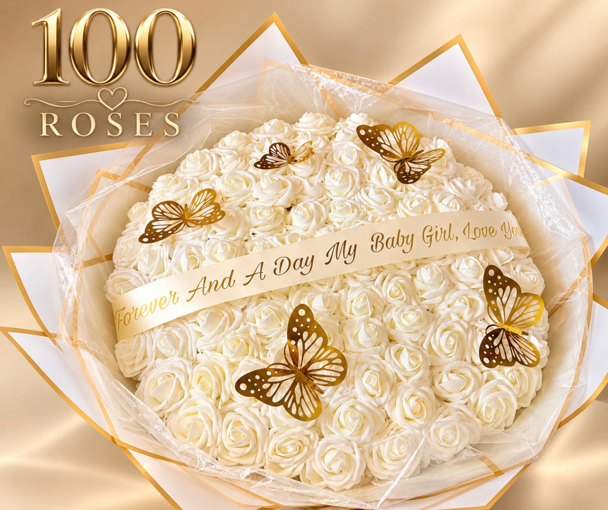 100 Ivory Forever Rose Bouquet  Personalised Luxury Rose Bouquet with Gold Butterflies