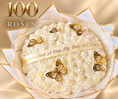 100 Ivory Forever Rose Bouquet  Personalised Luxury Rose Bouquet with Gold Butterflies