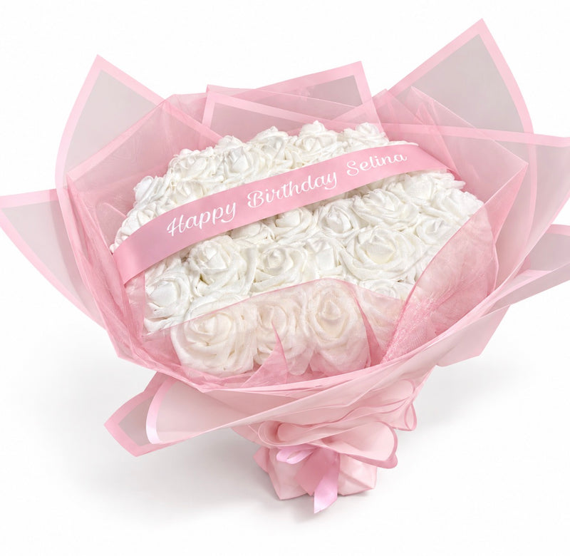 Classic White Rose Bouquet Pink Personalised Forever Roses