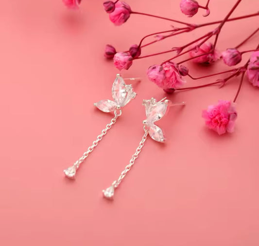 Rose Gold / Silver Butterfly Dangle / Drop Womens Earrings