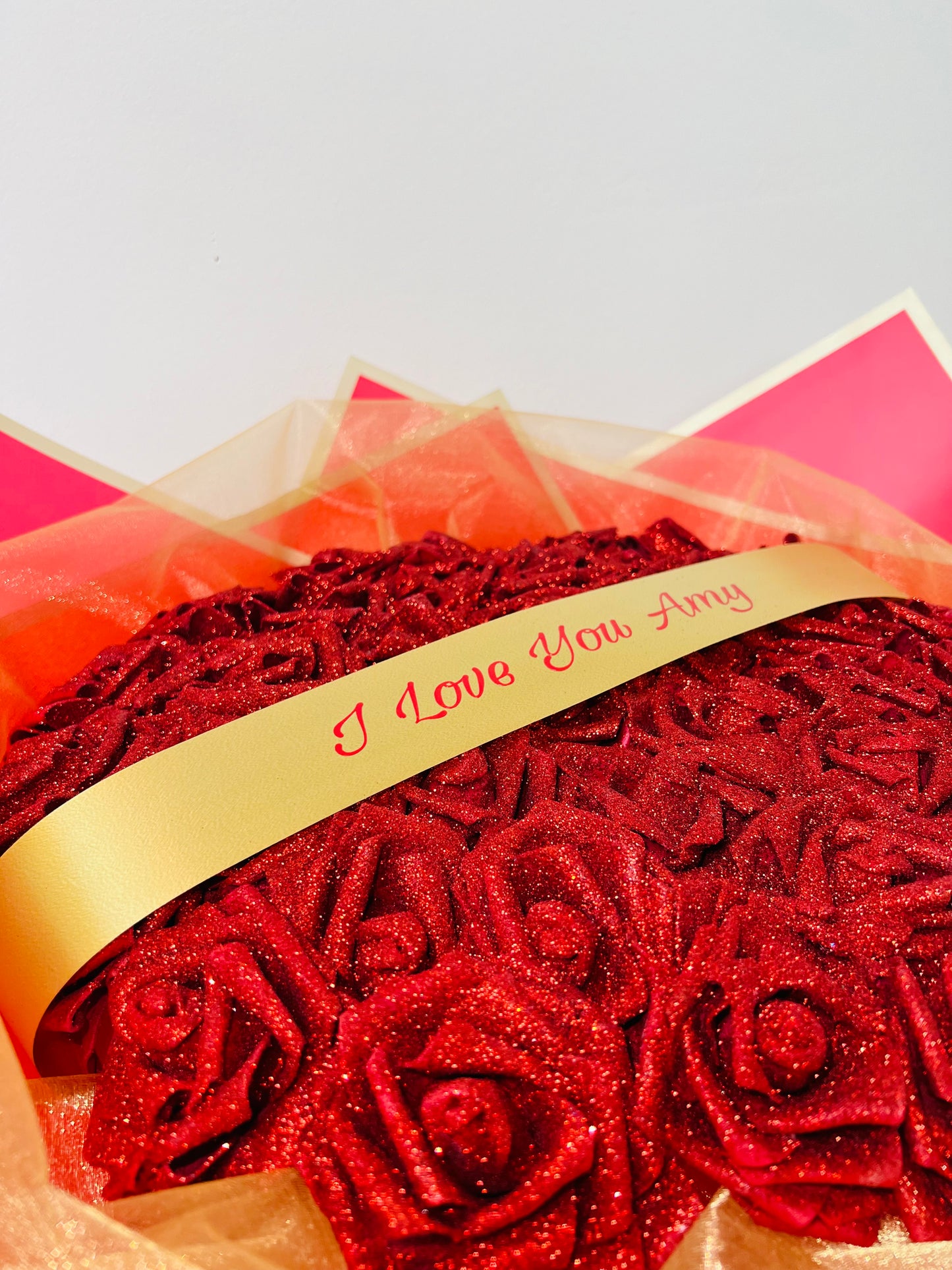 Personalised Red & Gold Glitter Rose Flower Bouquet Any Occasion Gift