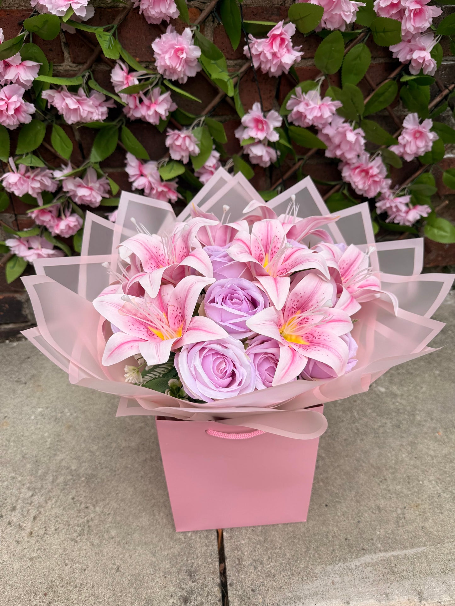 Pink Lily & Lilac Lavender Rose Luxury Artificial Flower Bouquet Gift Box
