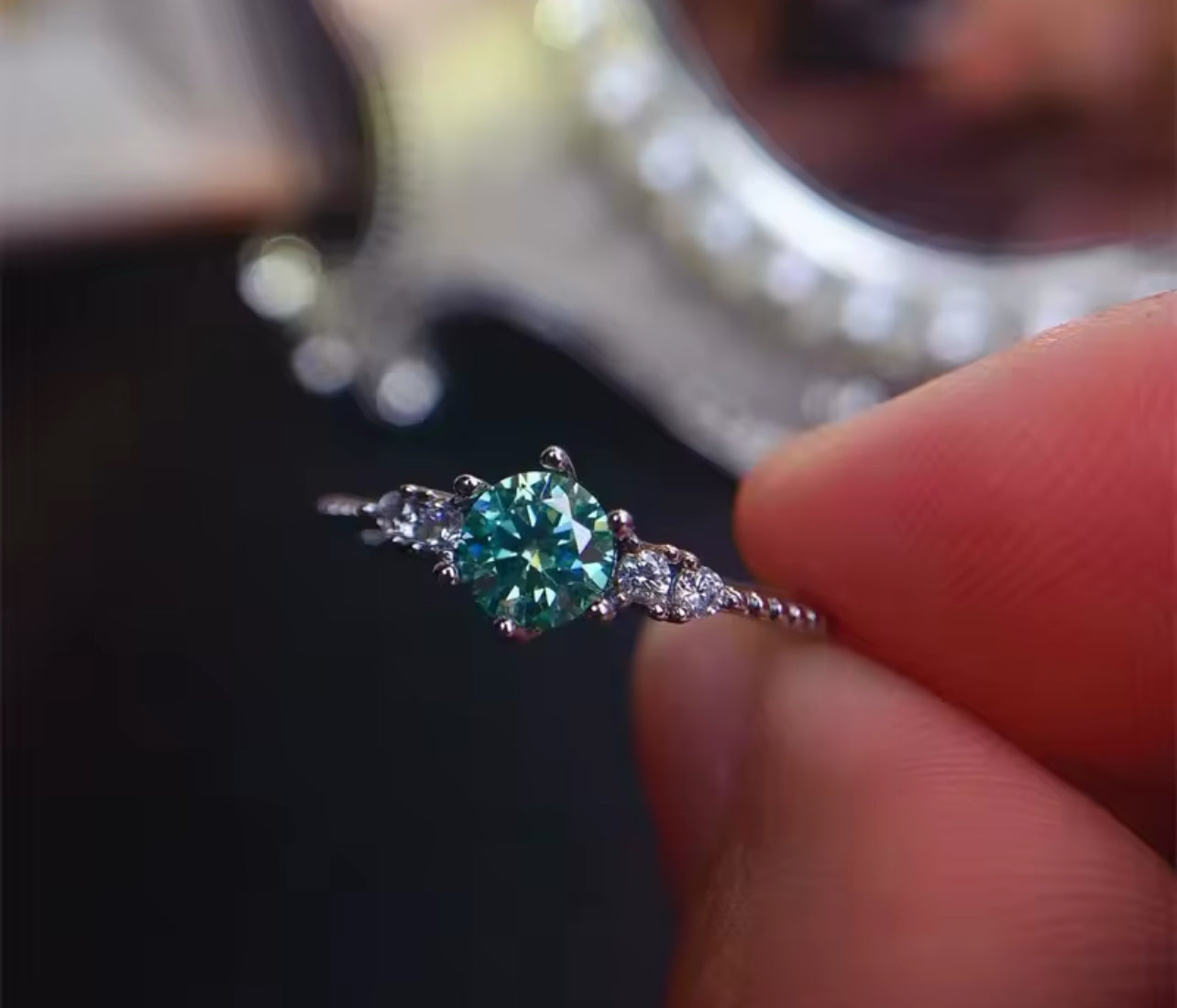 Green Moissanite 6 Claw Silver Engagement Ring