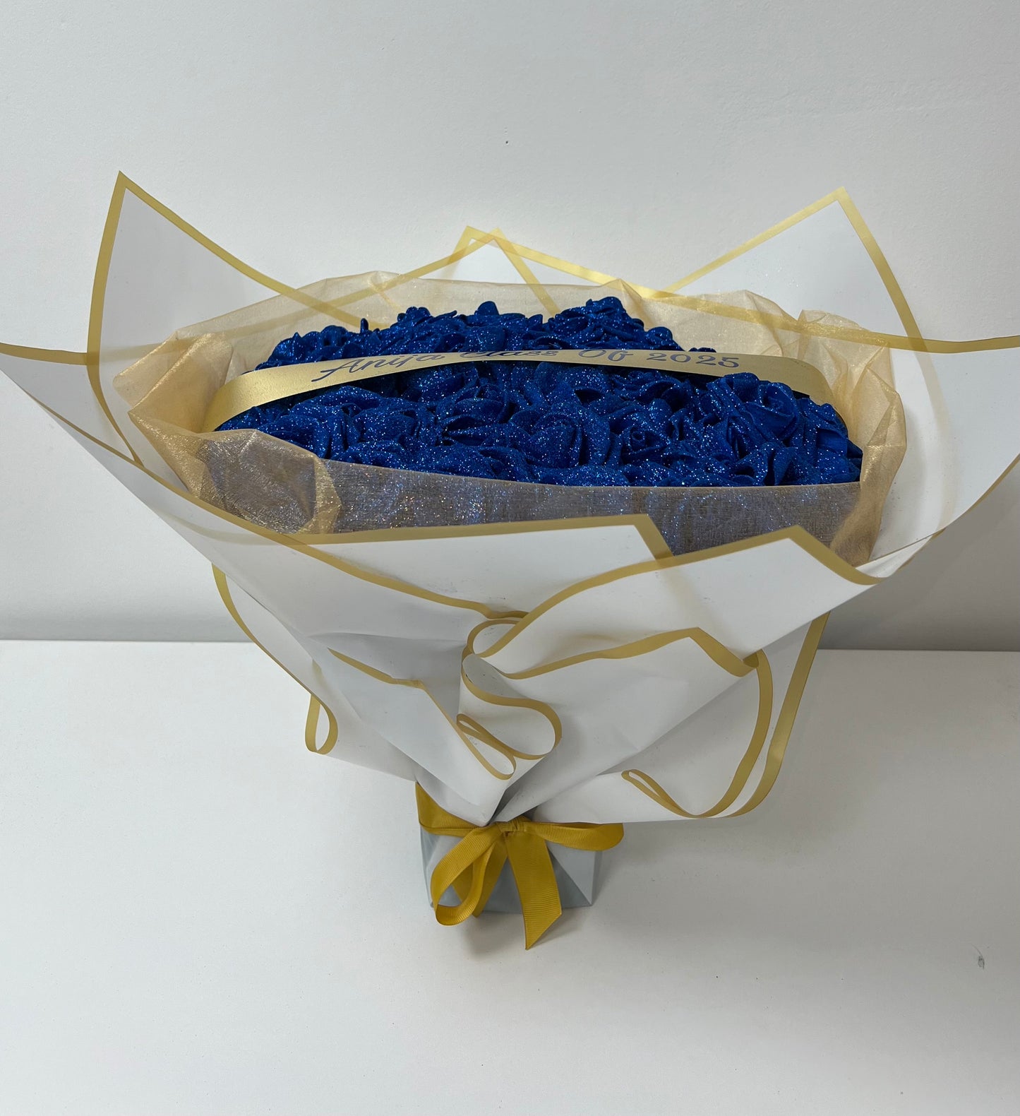 Blue White & Gold Personalised Glitter Rose Bouquet Gift