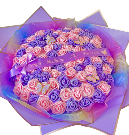 100 Glitter Rose Purple / Pink Large Flower Bouquet Gift