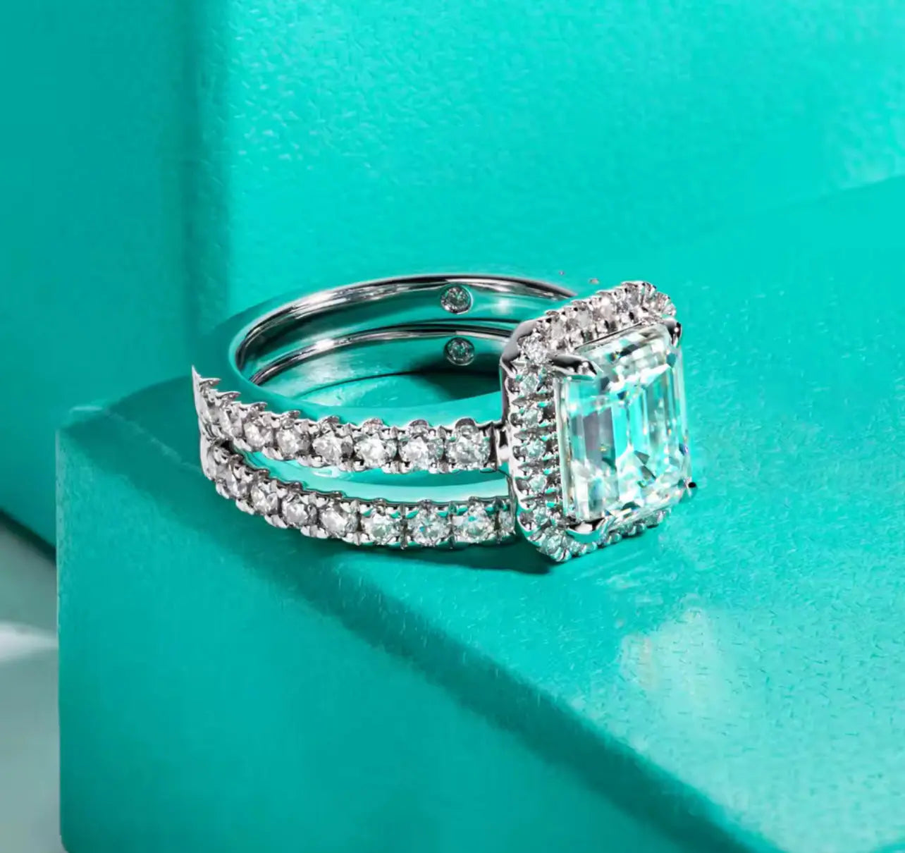 3CT Emerald Cut Silver Moissanite Engagement Ring Set