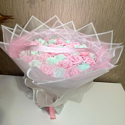 Blush Pink & Pale Green Glitter Rose Tiara Personalised Bouquet