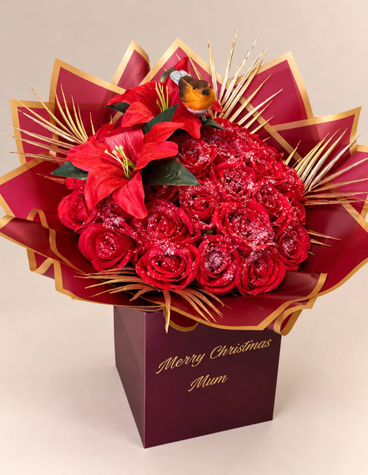 Snowy Christmas Robin & Lily Bouquet – Personalised Luxury Christmas Flowers