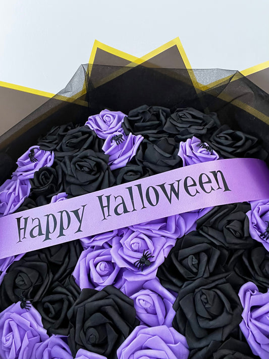 Happy Halloween Purple & Black Spider Rose Bouquet Decor