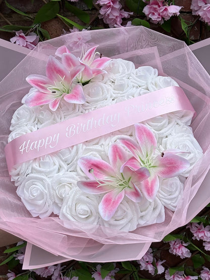Personalised White Glitter Rose Bouquet With Pink Lilies