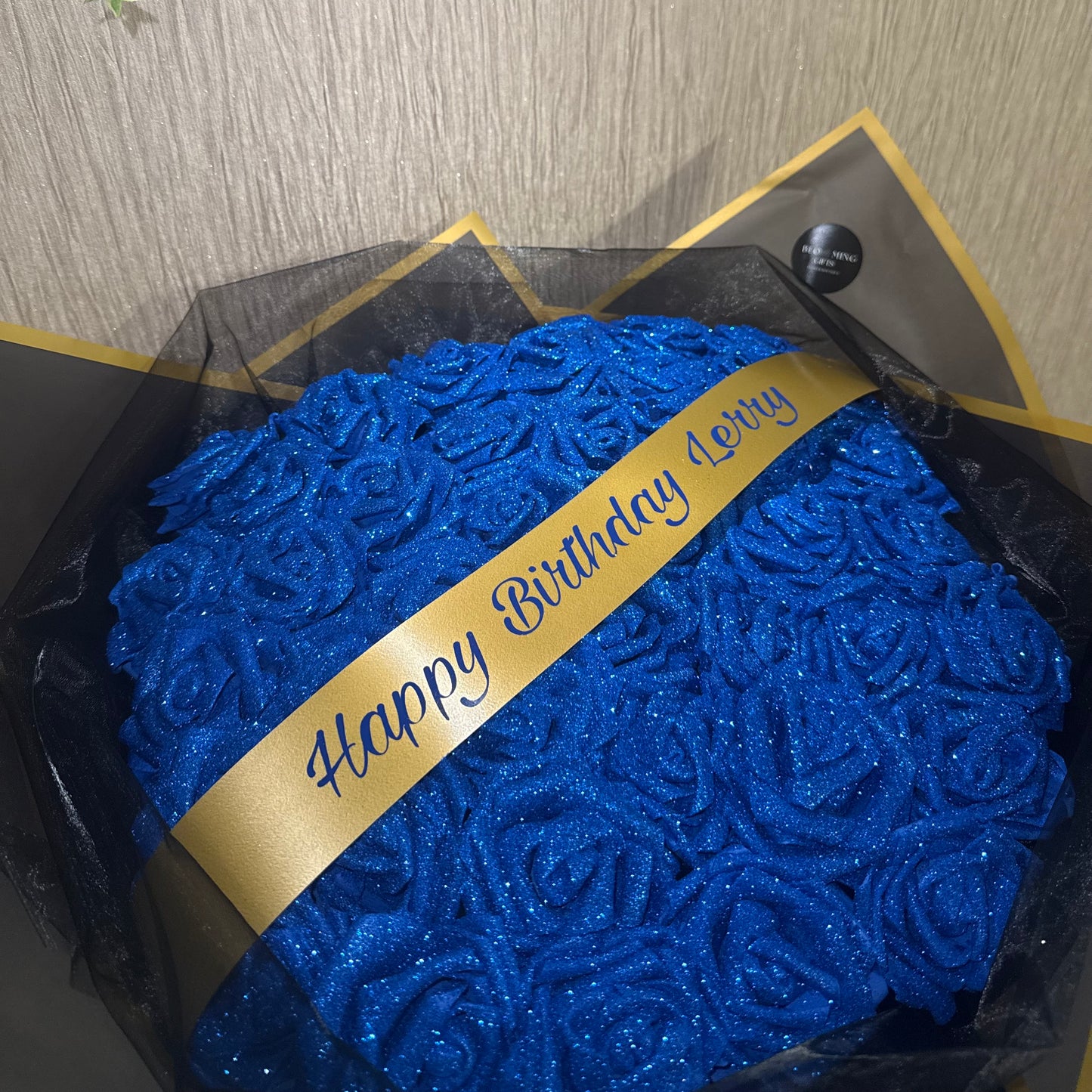 Personalised Any Message Royal Blue Glitter Rose Flower Bouquet