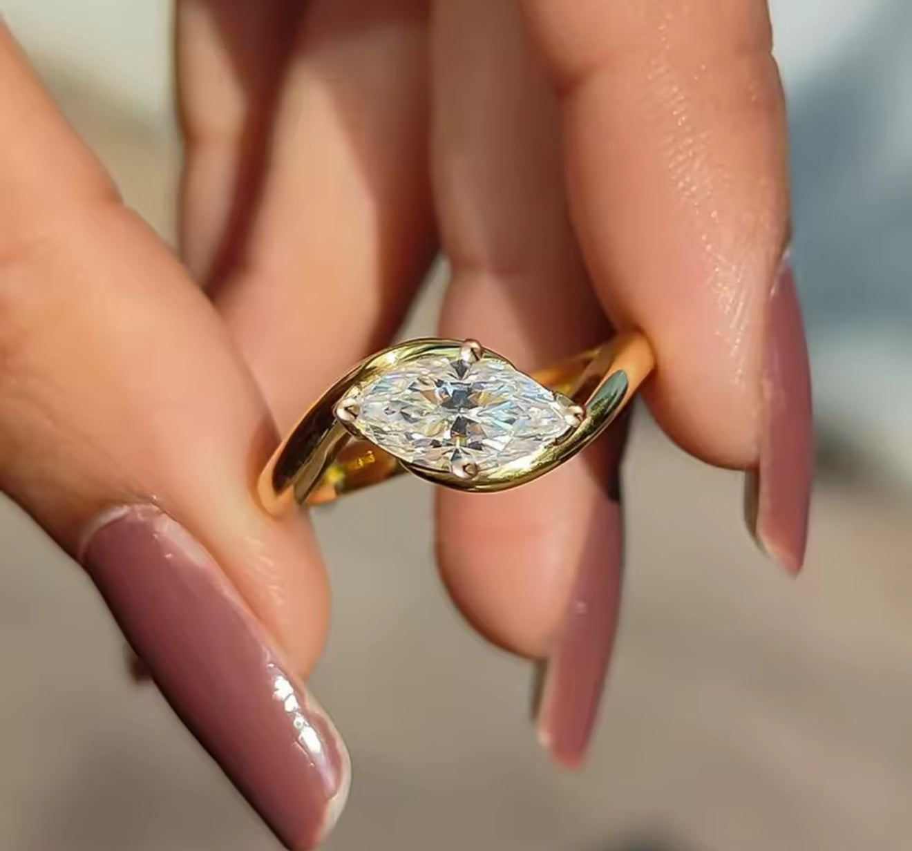 Marquise Cut Womens Unique Twist Band Engagement Ring Gold / Silver