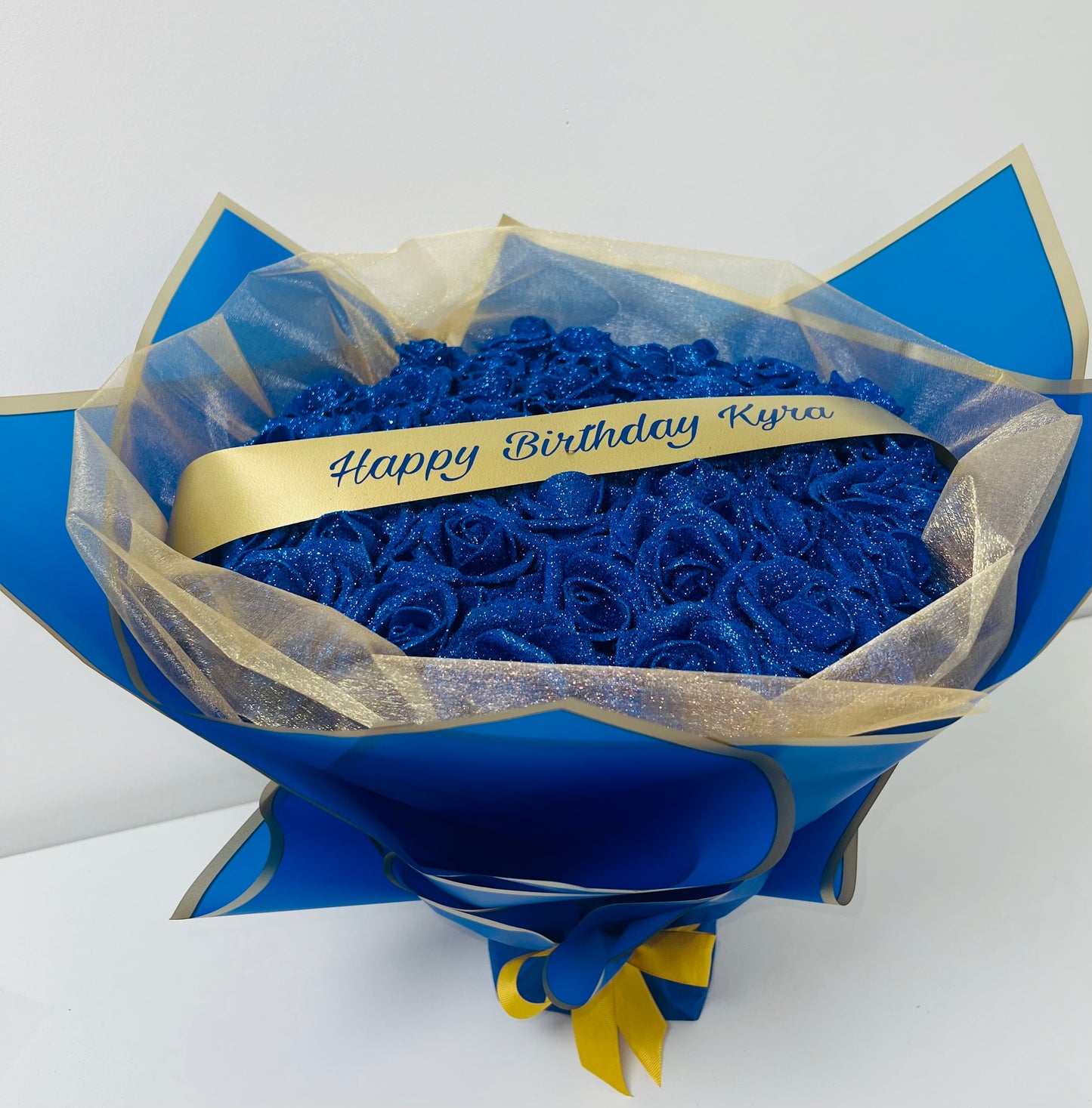 Personalised Message Blue & Gold Glitter Rose Bouquet Gift