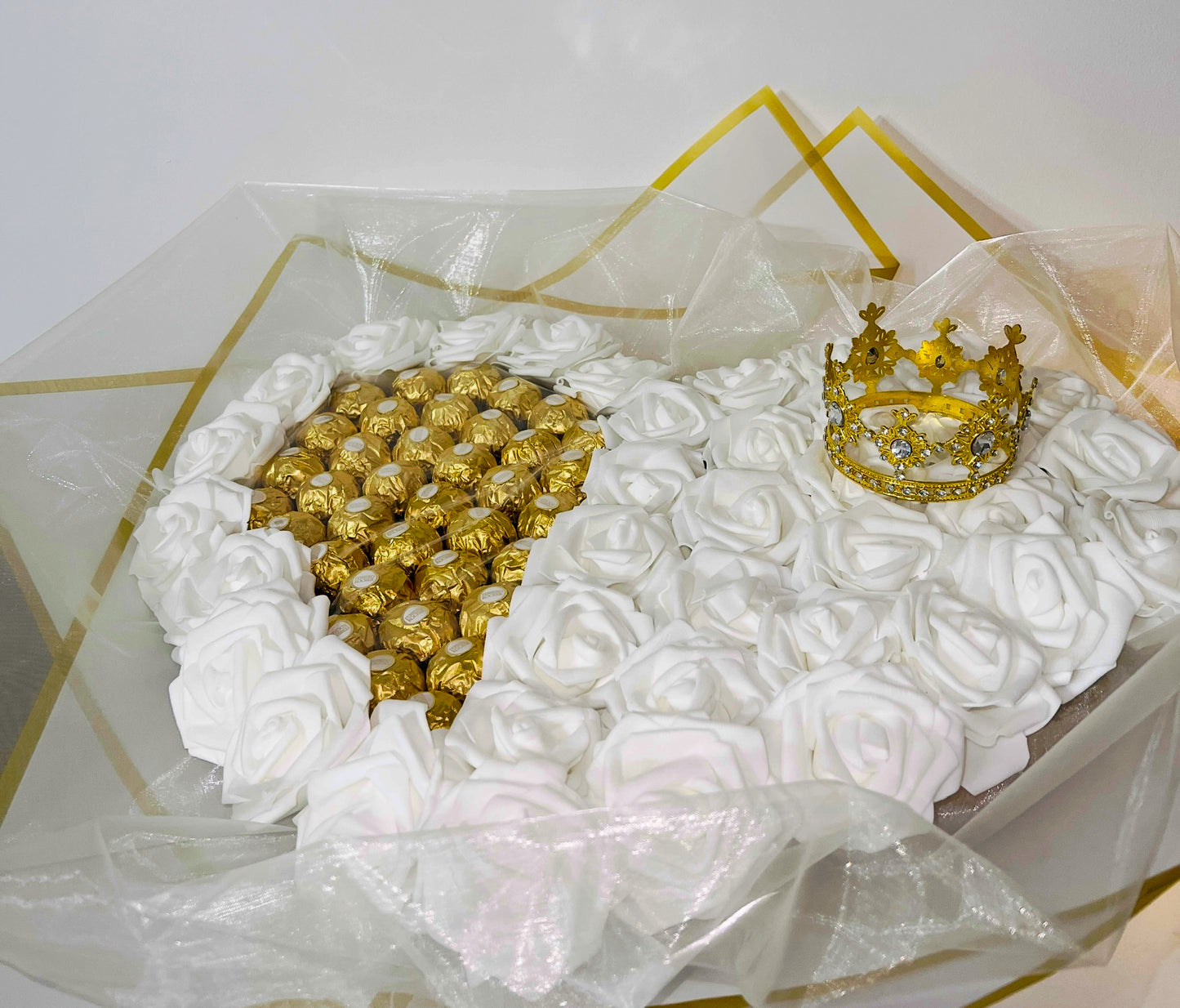 XL White Rose Ferrero Rocher Bouquet With Crown