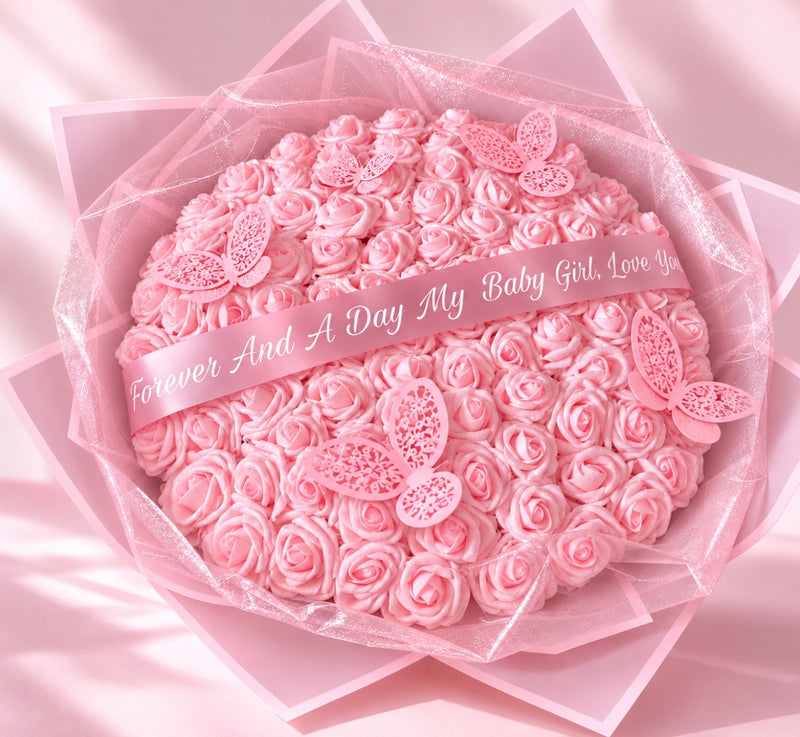100 Pink Rose Butterfly Bouquet Personalised Luxury Forever Roses