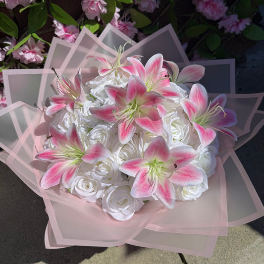 Personalised pink lily and white rose forever flower bouquet